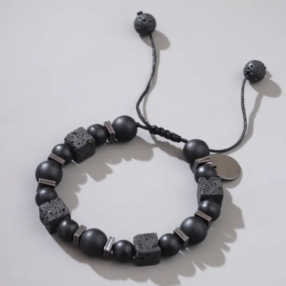 Round Matte Black Natural Stone & Square Lava Rock Beaded Adjustable Bracelet